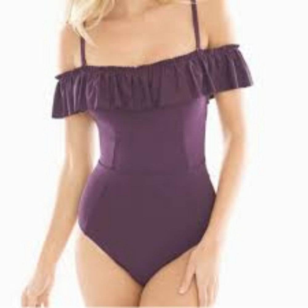 BLEU ROD BEATTIE One Piece Plum Ruffled Off Shoulder Swimsuit Size 6